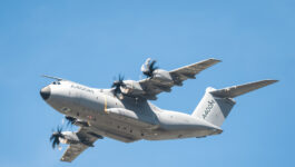 FARNBOROUGH, UK, JULY 18: Closeup of an Airbus A400M military and emergency aid transporter aircraft in low-level flight over Farnborough, Hampshire, UK on July 18, 2014