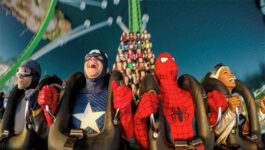 Superheroes are among the first to ride Universal’s revamped rollercoaster