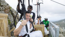 Carnival Sunshine hotel director, Freddy Esquivel gears up to ride the Flying Dutchman attraction at the new Rockland Estate eco-park attraction in St. Maarten. The Flying Dutchman is the world’s steepest zipline.